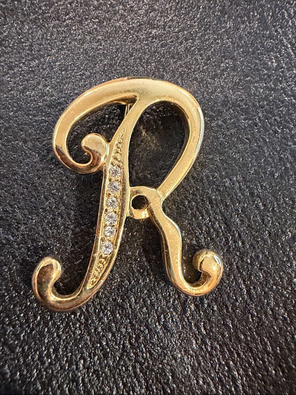 Gold Initial 'R' Pendant brooch with Crystal Accents